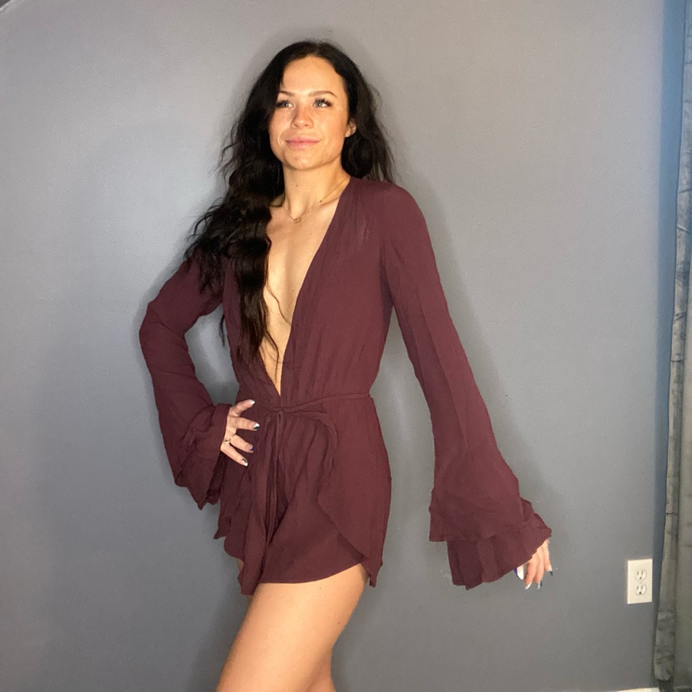 Double bell sleeved deep V romper